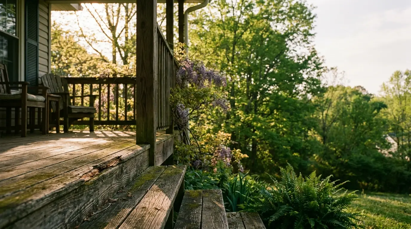 Weathered wooden deck with visible grain on a residential back porch surrounded by spring greenery