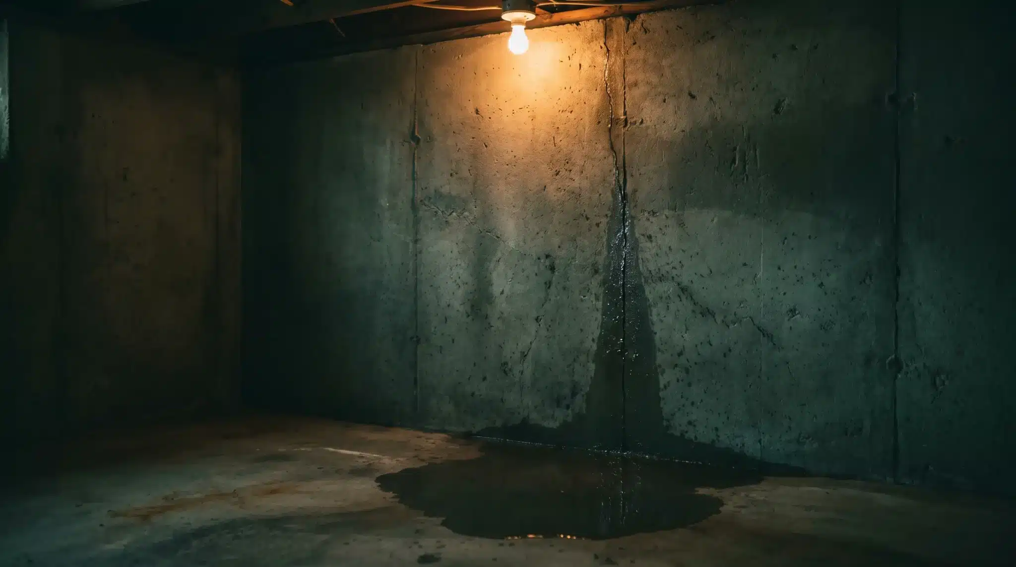 Concrete basement corner with water leak under warm light bulb