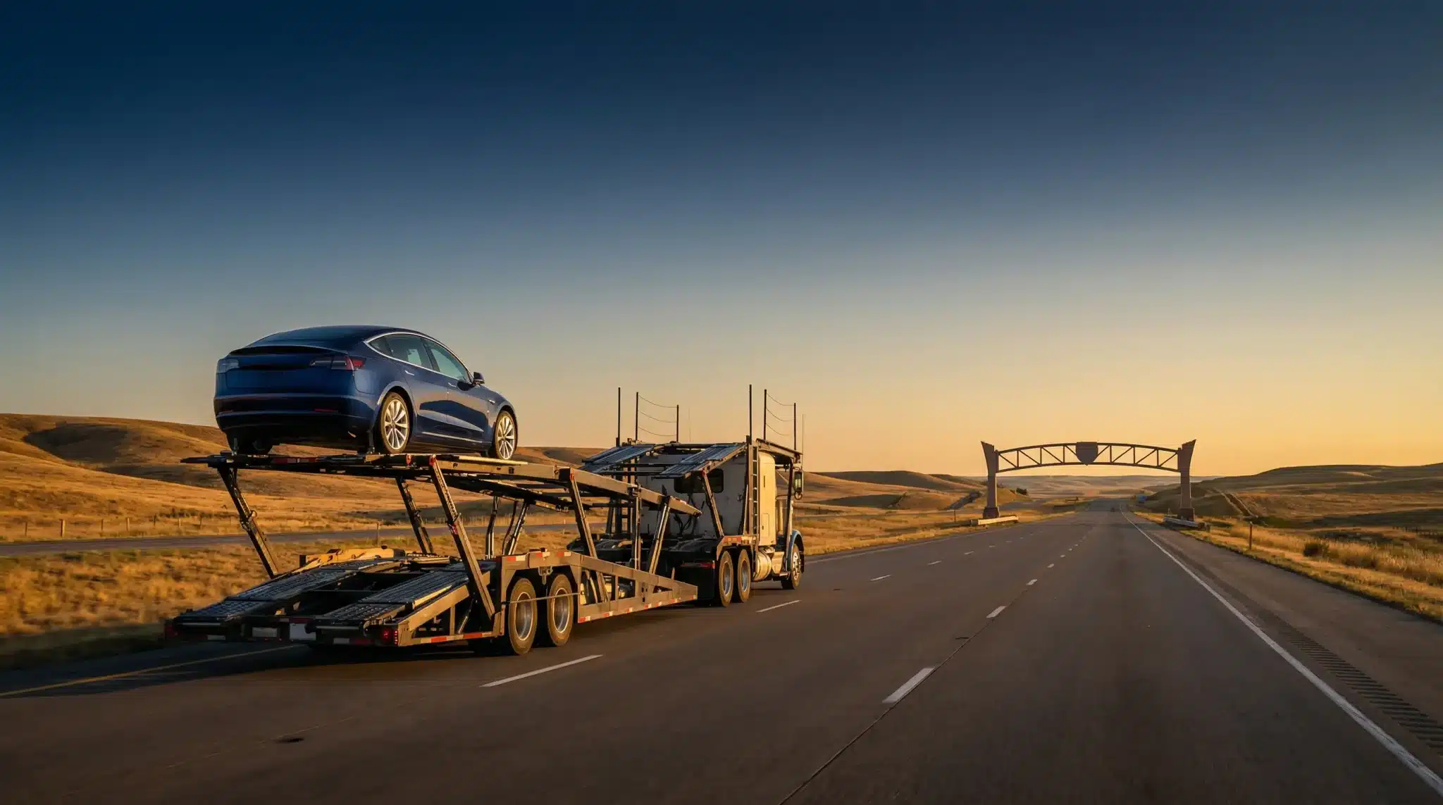 Car carrier truck transporting blue sedan on highway during golden hour in open countryside