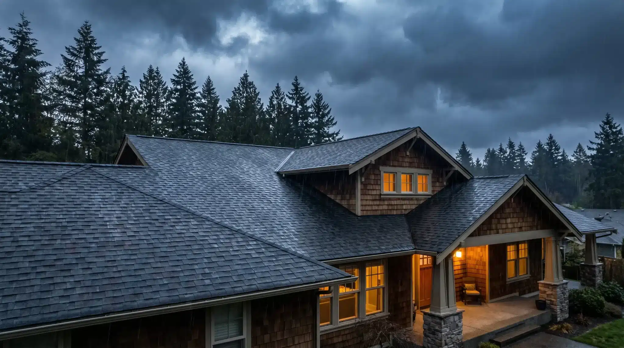 House with shingle roof under rainy skies surrounded by tall trees and warm interior lighting