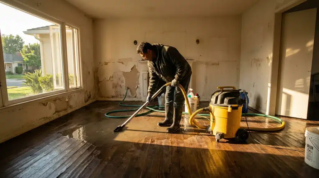 Man cleaning flooded wooden floor with wet vacuum under warm sunlight in a damaged room