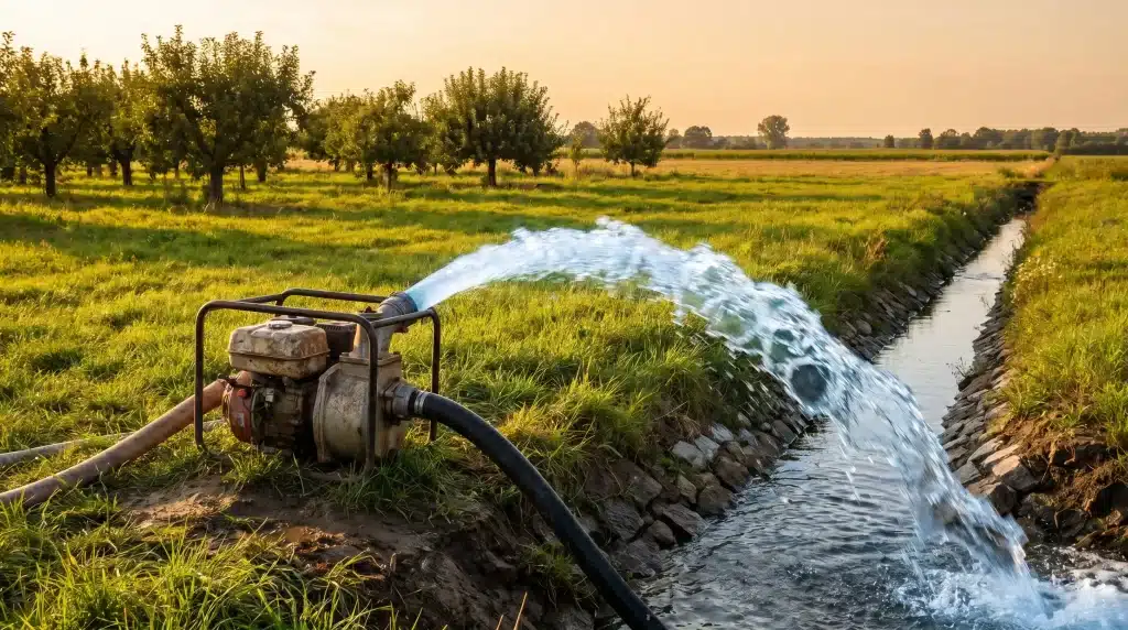 Water pump irrigating orchard field with flowing stream under warm sunset light