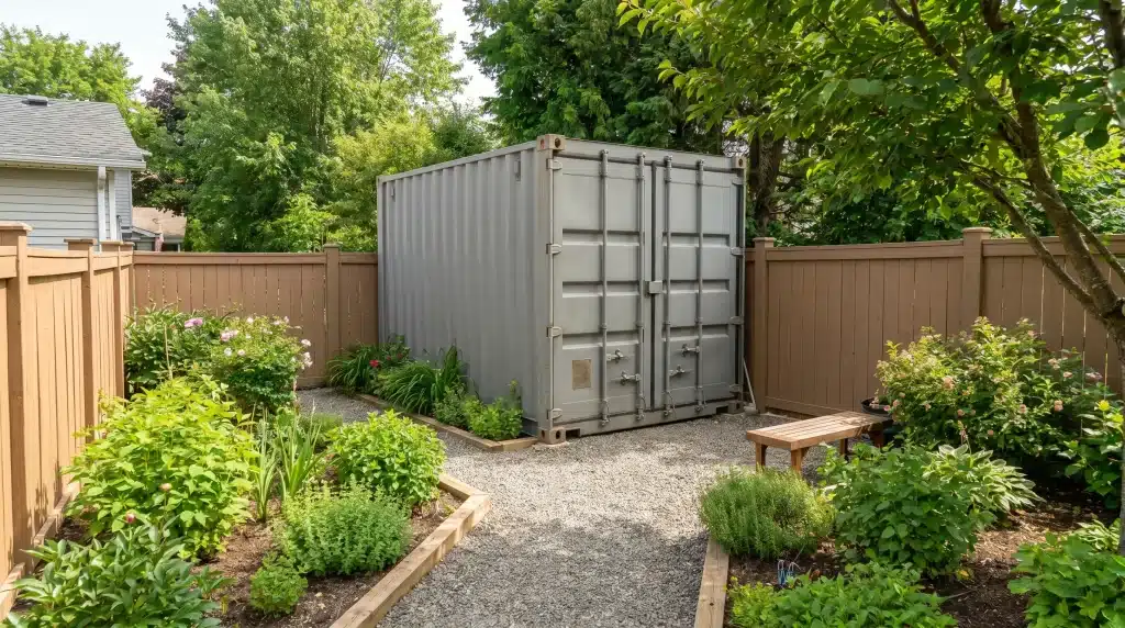 Gray shipping container in a garden with wooden bench and lush greenery