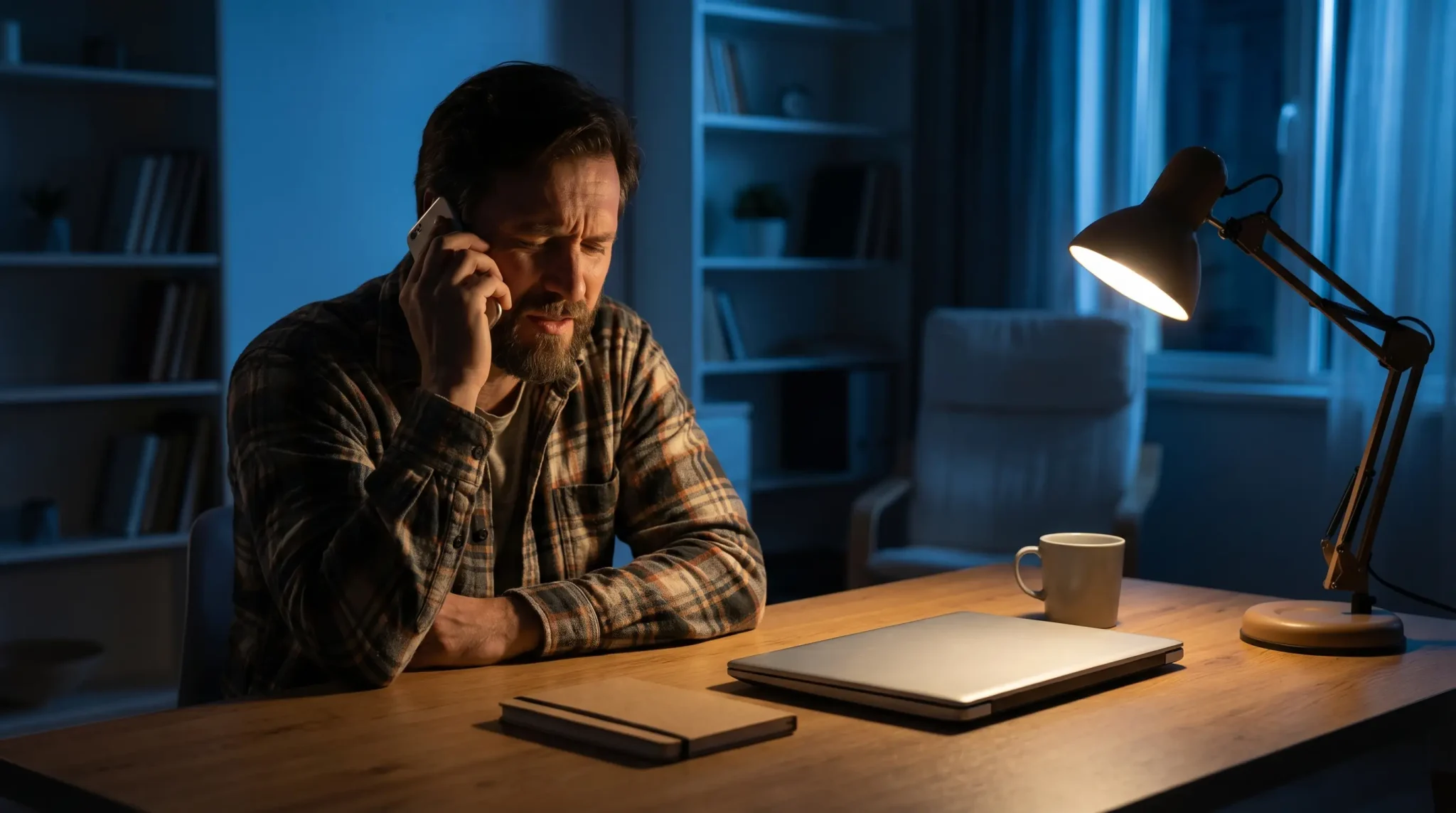 Man in plaid shirt on phone at desk with laptop and lamp in dimly lit office