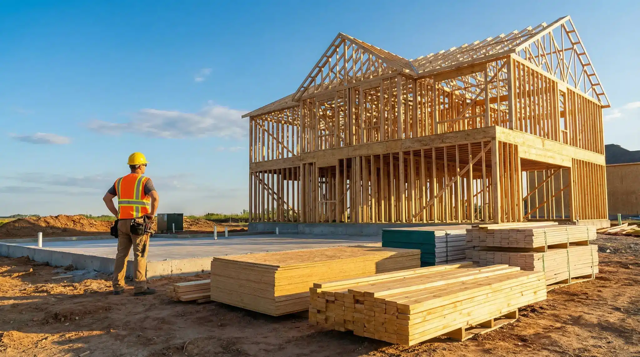 Construction worker in safety gear observing wooden house framework under clear blue sky