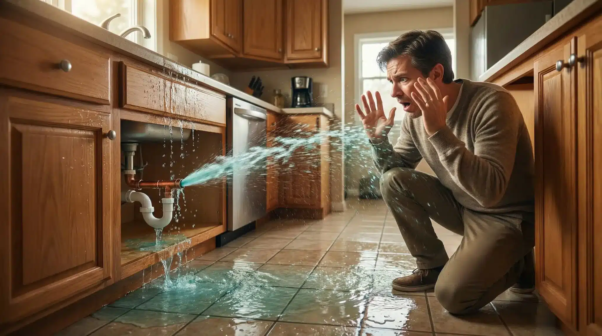 Man reacting to water spraying from broken pipe under kitchen sink