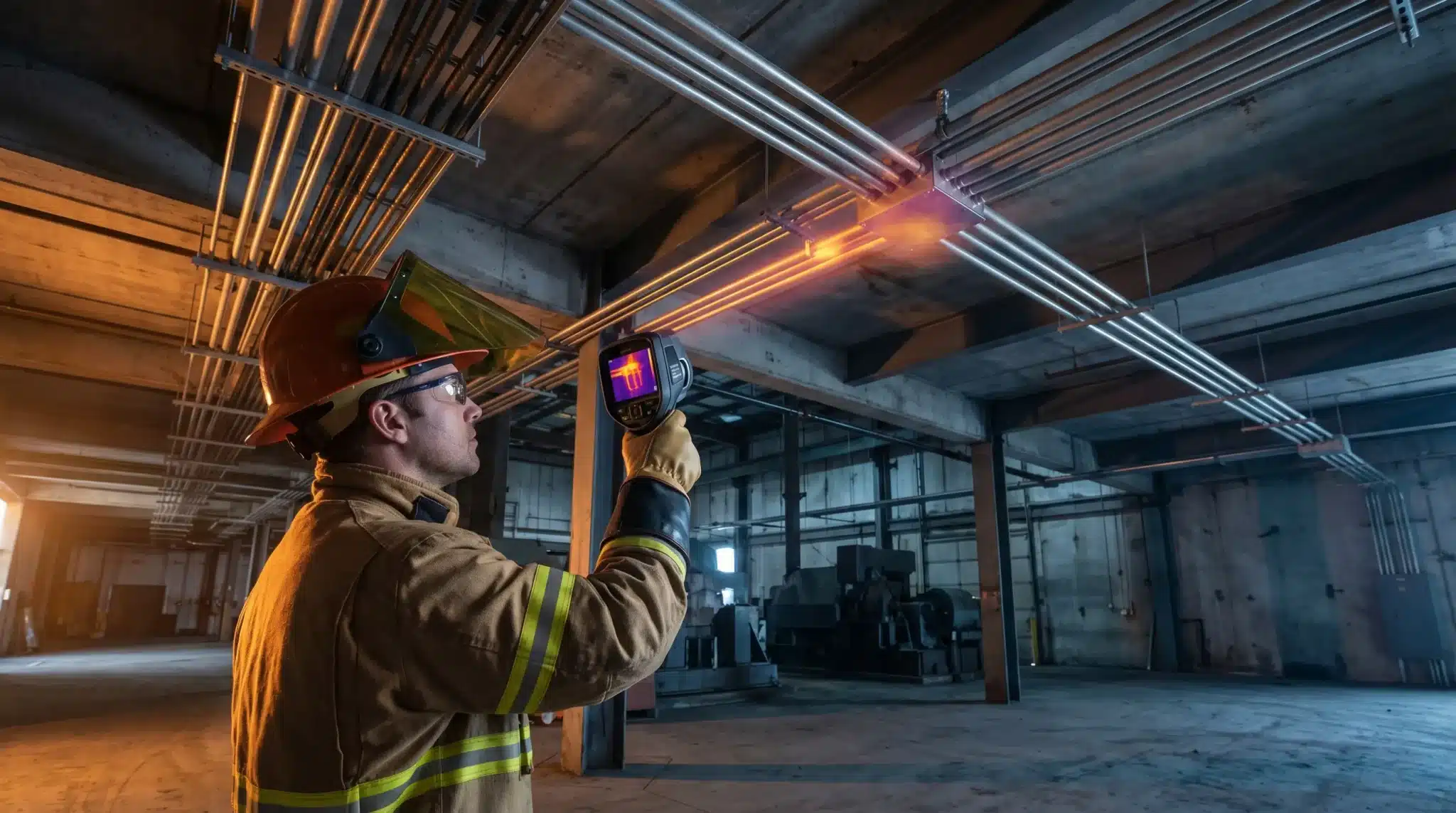 Firefighter in uniform using thermal imaging camera on pipes in industrial setting with warm lighting