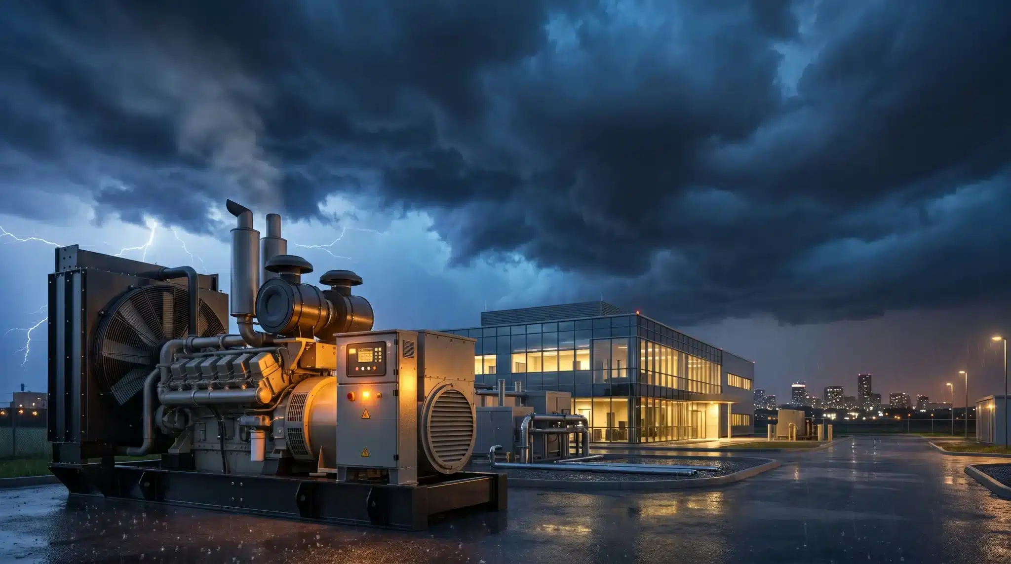 Industrial generator in front of modern building under stormy sky with lightning and rain
