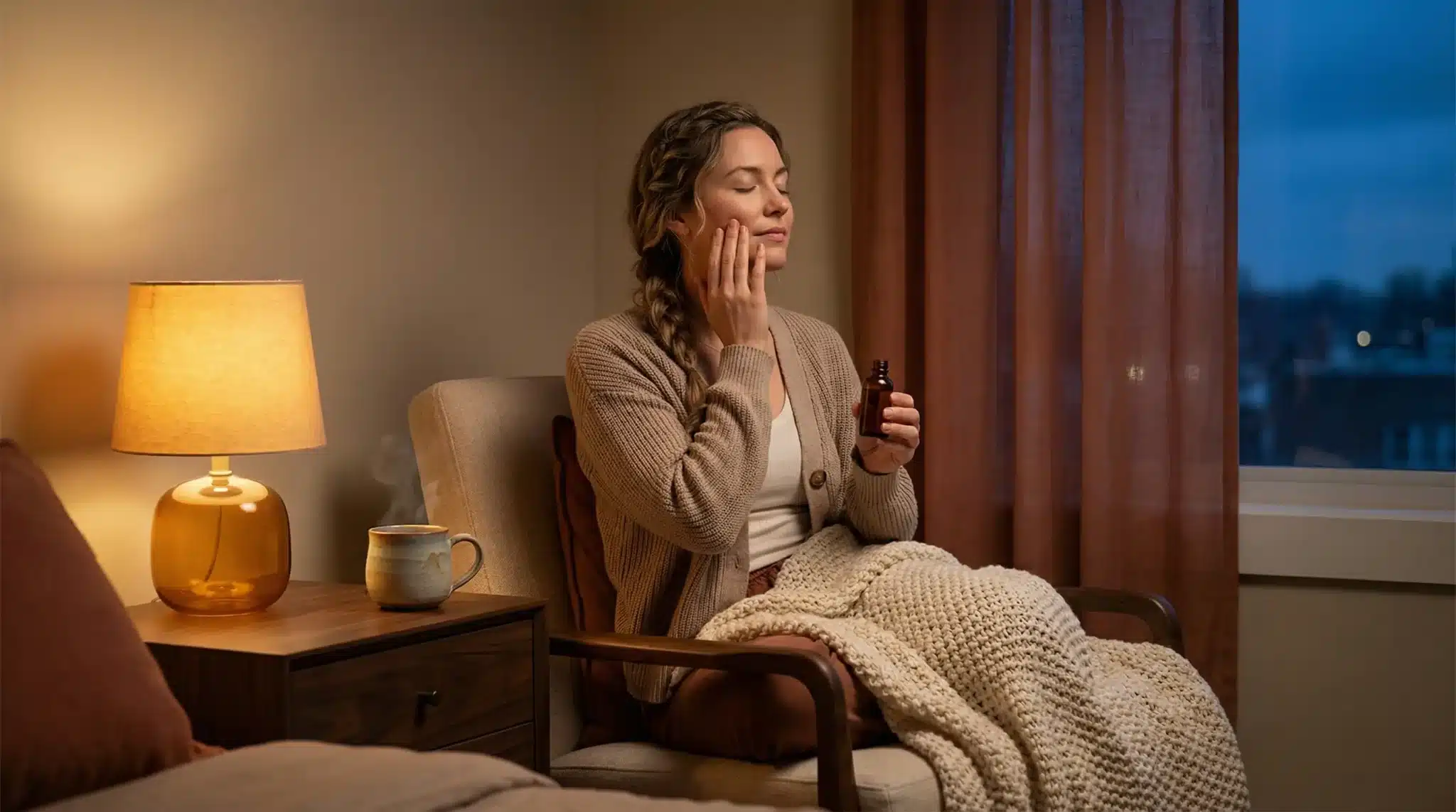 Woman applying facial oil in cozy room with warm lighting and a steaming mug nearby