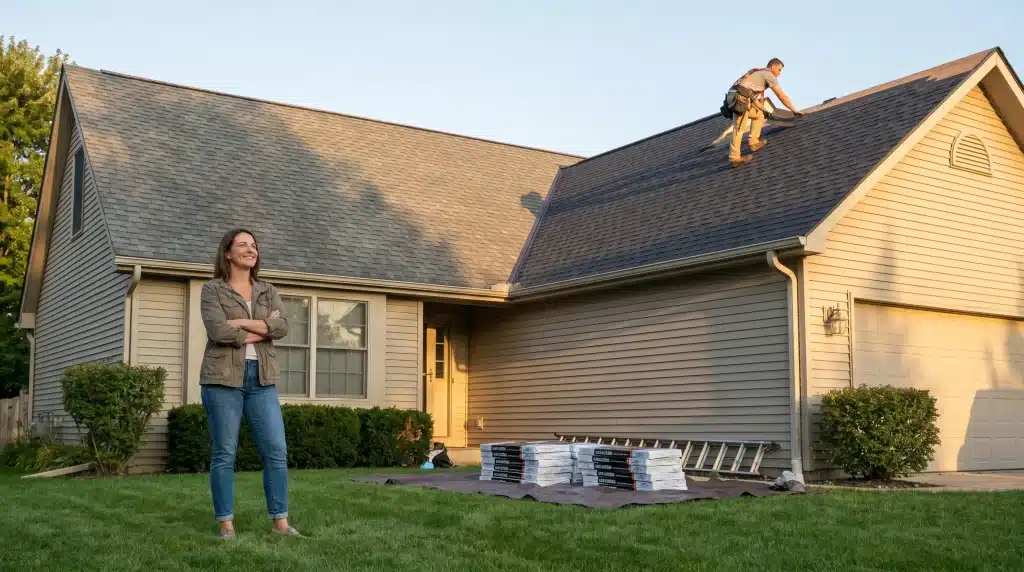 Roofing contractor working on house with ladders and roofing materials, woman standing on lawn
