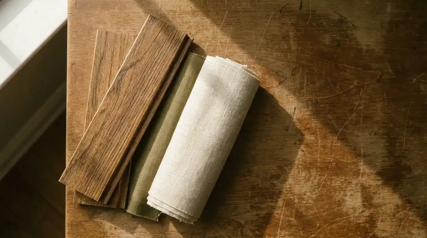 Wooden laminate samples and fabric swatches on rustic table under sunlight