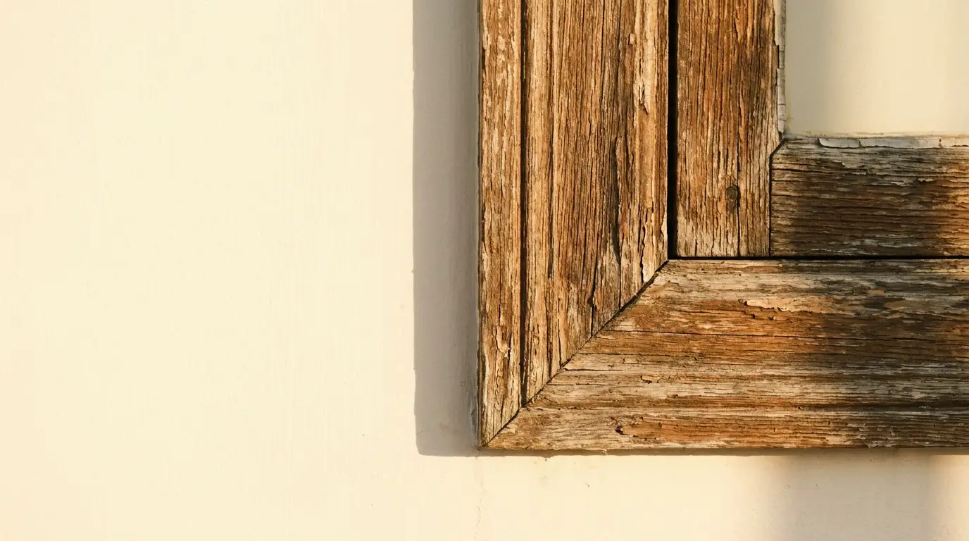 Close-up of a wooden window frame corner showing natural grain and weathered finish in warm light