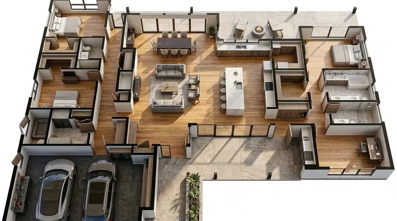 Modern suburban house floor plan with open living area, kitchen island, three bedrooms, office, patio, and two-car garage.