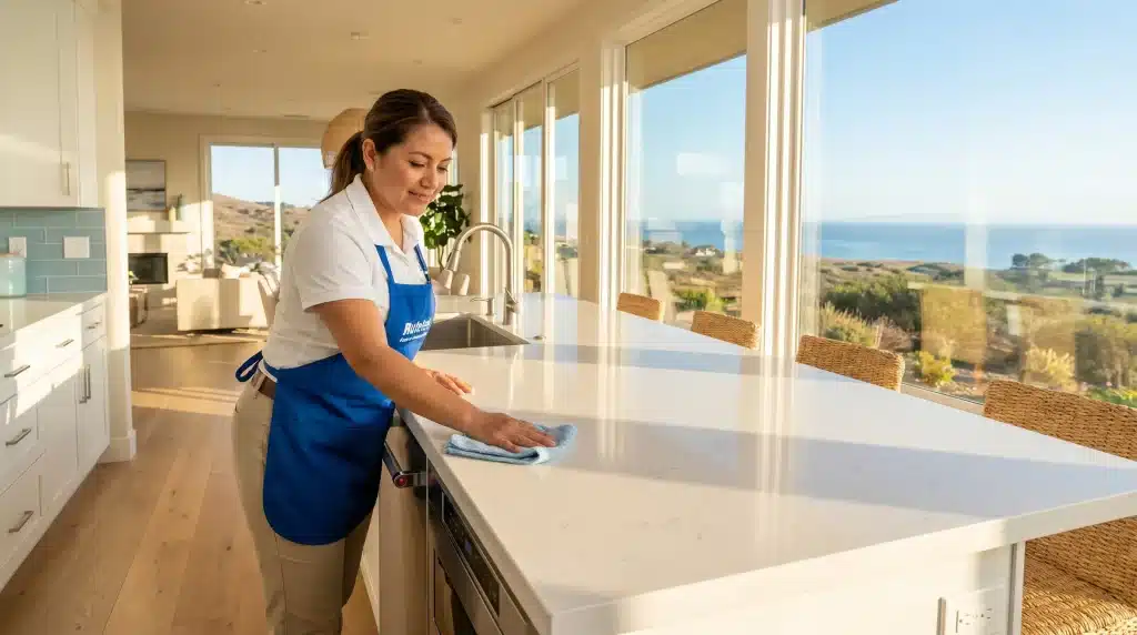 Person cleaning large kitchen island countertop with sea view through windows
