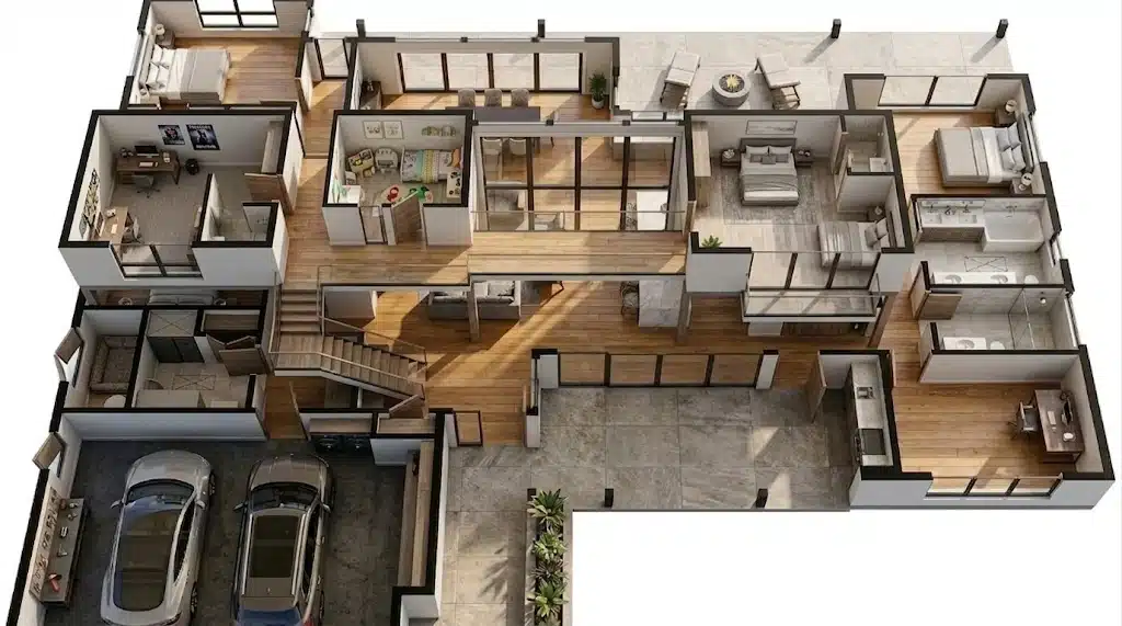 Two-story modern house floor plan with 4 bedrooms, open living space, home office, patio, and two-car garage.