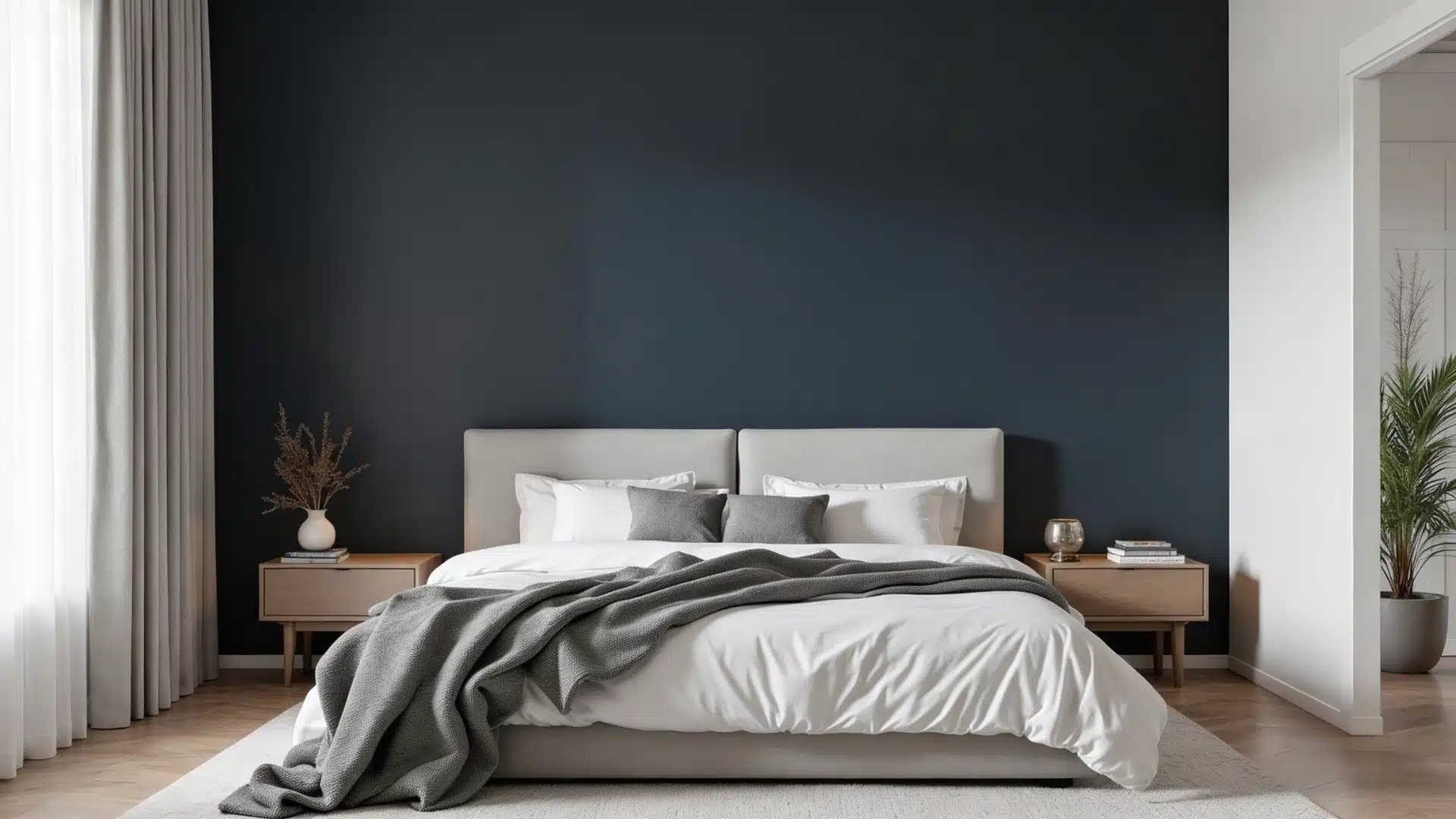 A cozy bedroom featuring a dark blue wall and a neatly made white bed