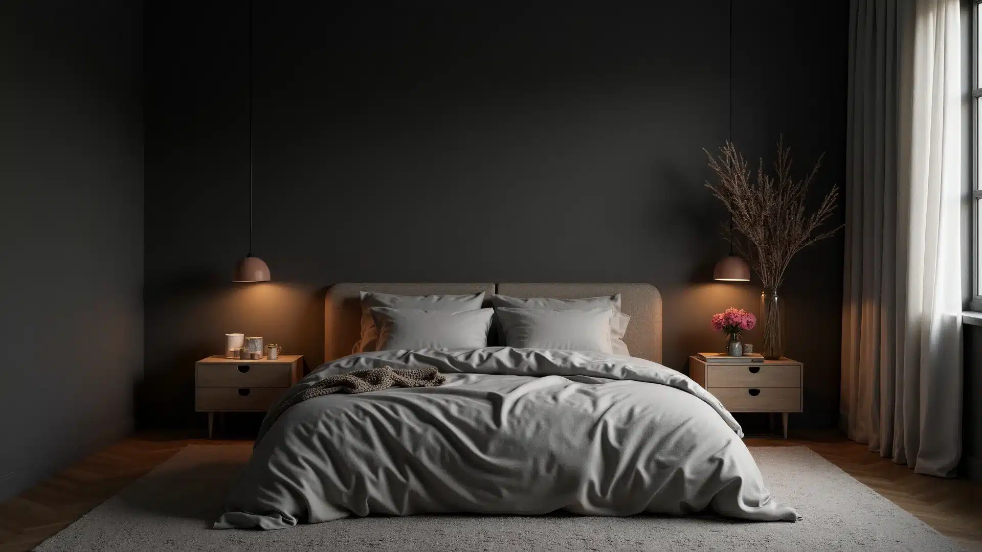 A cozy bedroom featuring a neatly made bed and a bedside lamp casting a warm glow