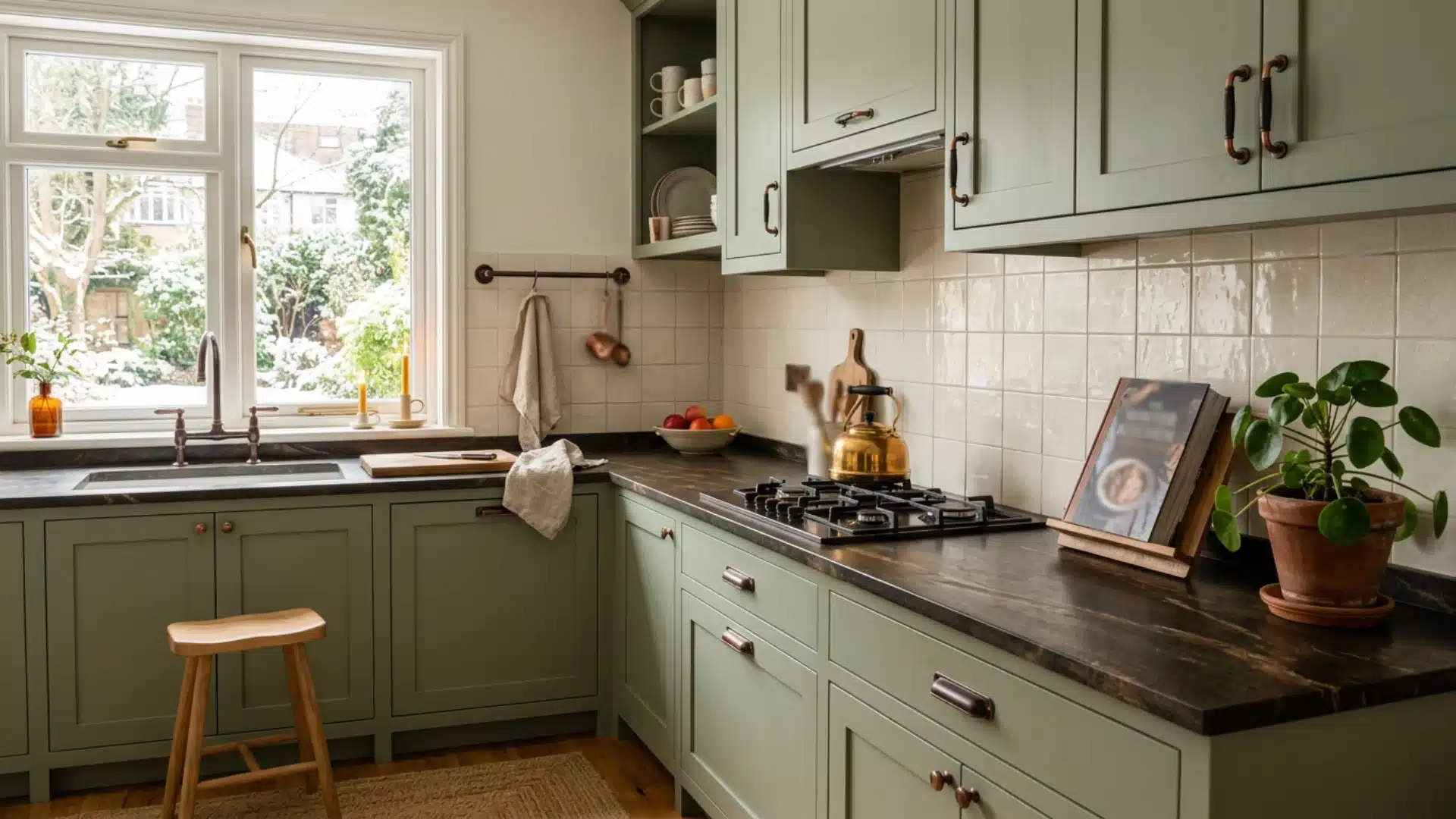 A cozy kitchen corner features sage green Shaker cabinets, dark brown countertops, a white tiled backsplash, and a large window overlooking greenery