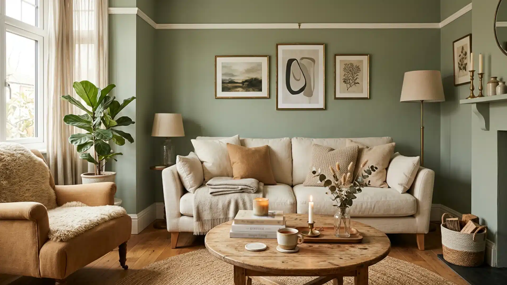 A cozy living room featuring a beige sofa, round wooden coffee table, and earth-toned decor set against sage green walls