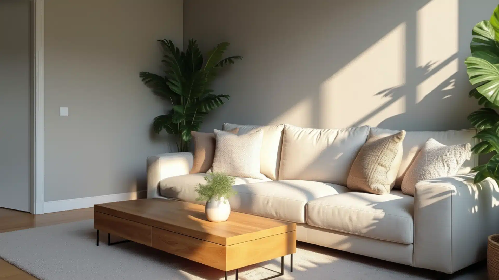 A cozy living room featuring a couch, coffee table, and several indoor plants for a fresh atmosphere