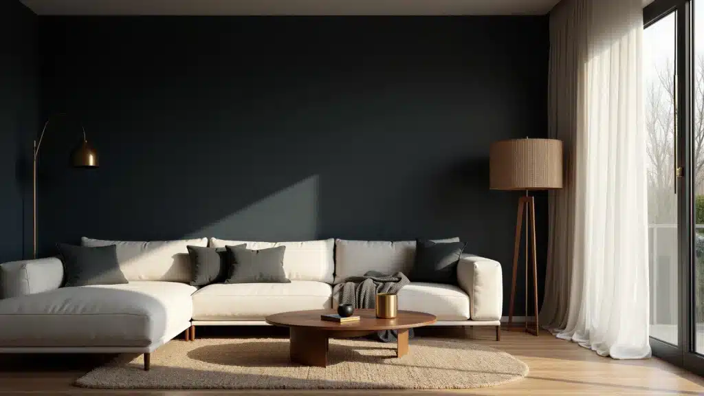A cozy living room featuring dark walls and a stylish white sofa, creating a modern and inviting atmosphere
