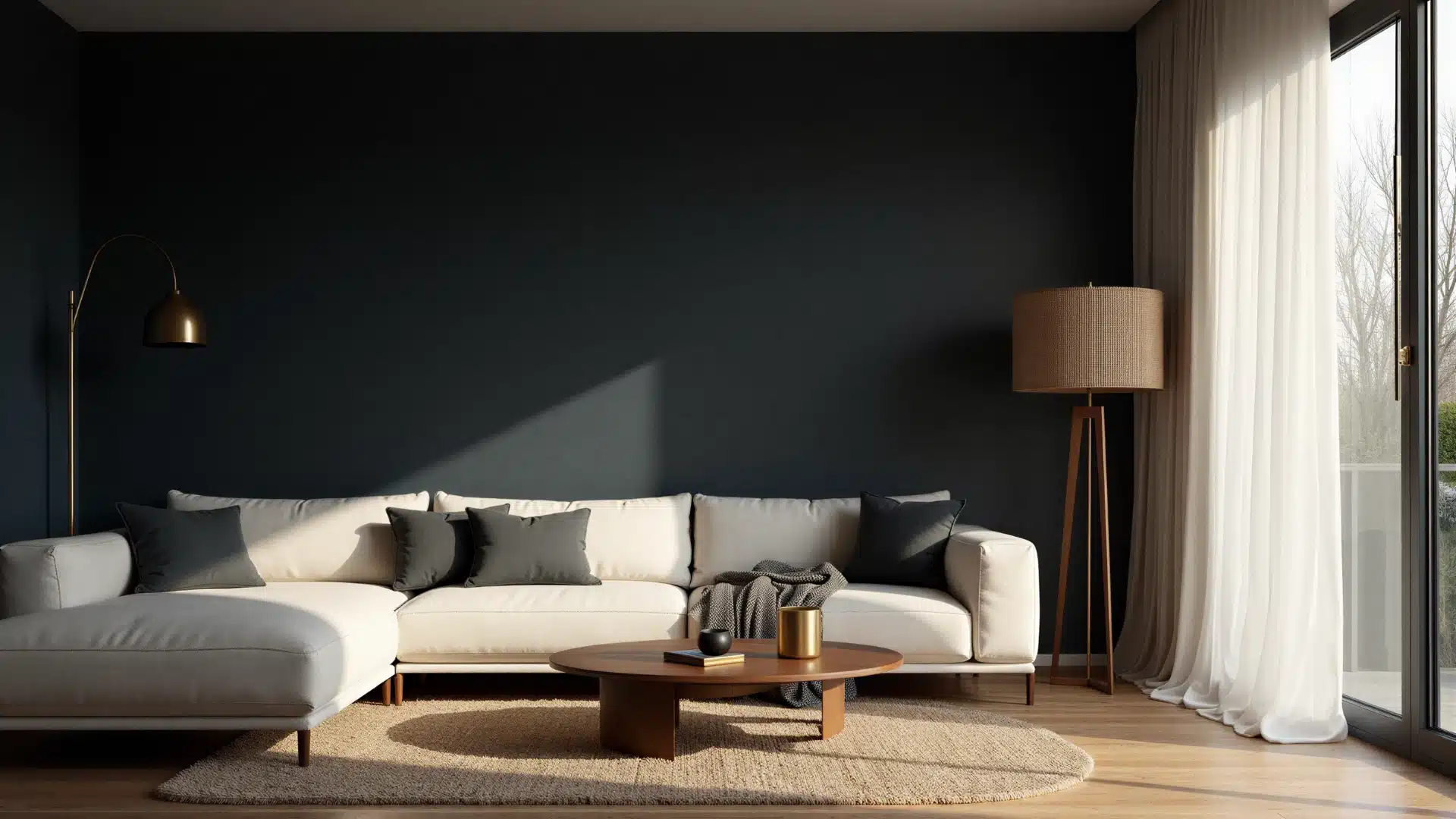A cozy living room featuring dark walls and a stylish white sofa, creating a modern and inviting atmosphere