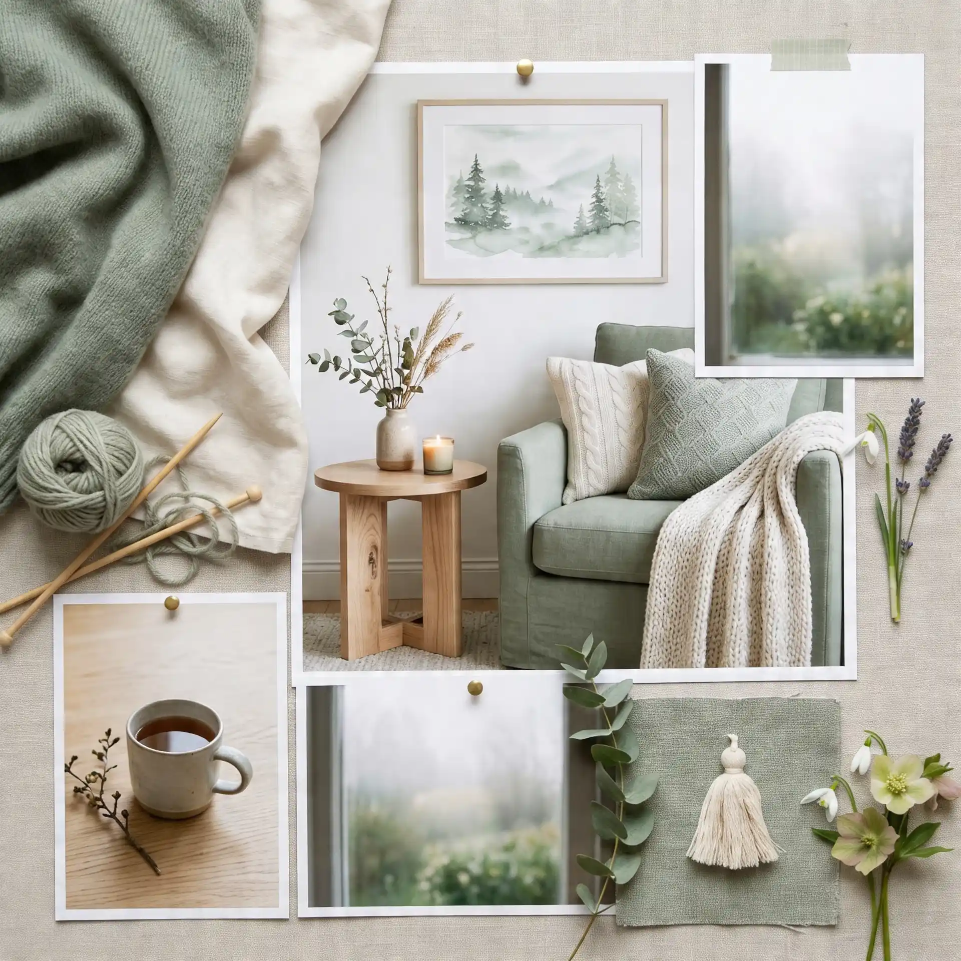 A cozy, sage green and neutral color palette mood board featuring a pale green armchair, knitting supplies, a forest painting, candles, tea, and soft textiles