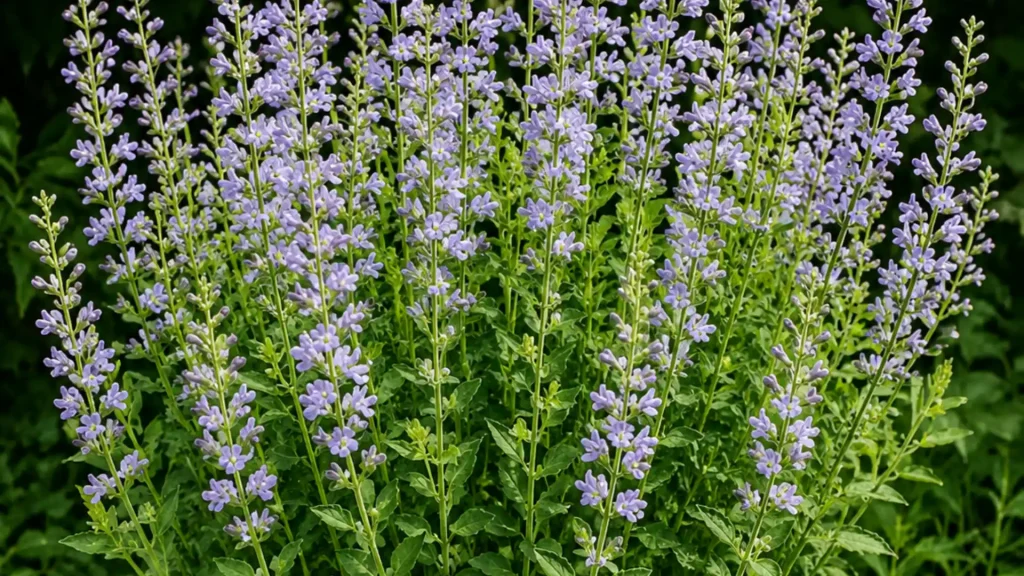 A dense grouping of tall green stalks topped with numerous spikes of small, delicate pale lavender-blue flowers against a dark green background.