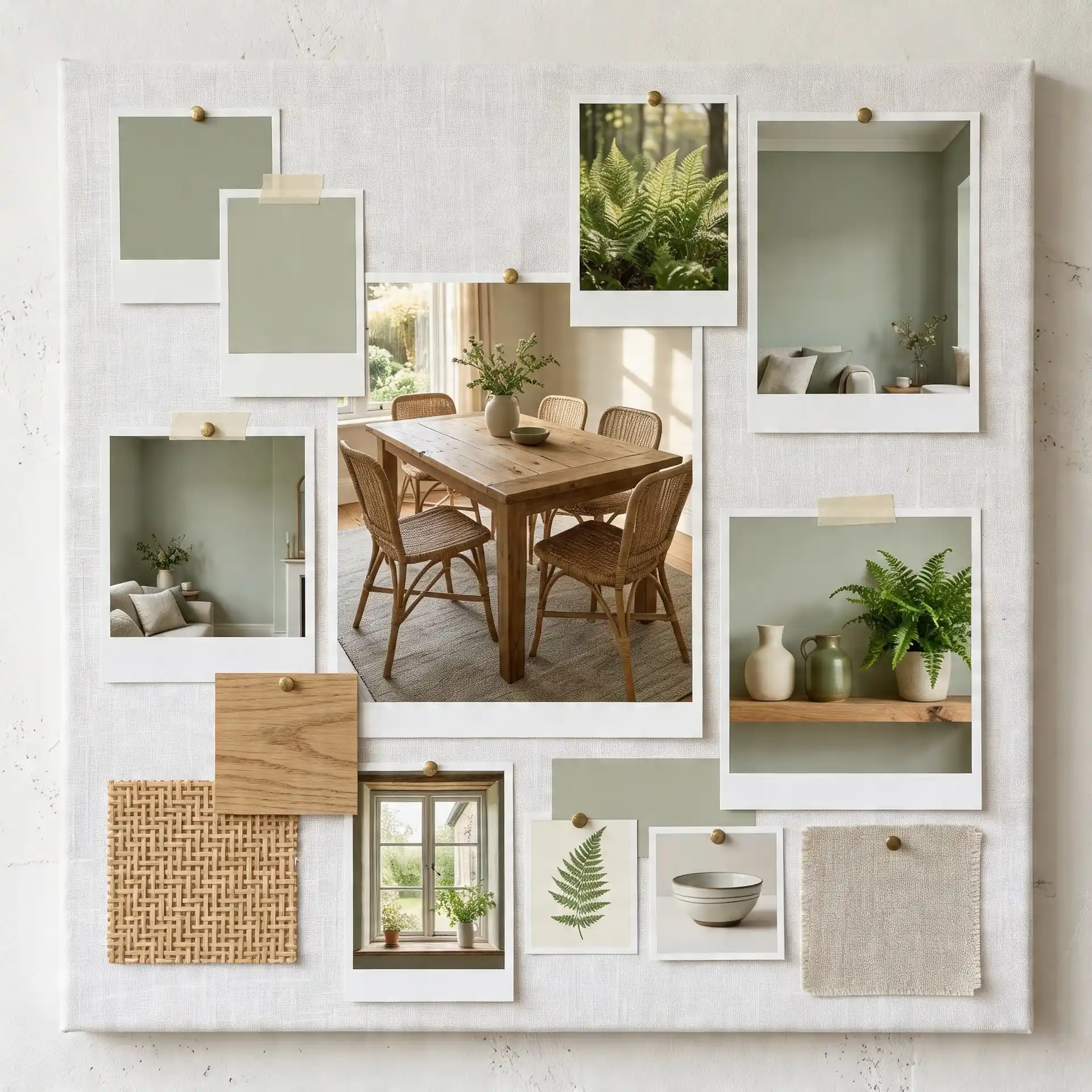 A design mood board pinned to a light fabric surface features paint swatches, wood samples, woven textures, and instant photos of a green dining room, ferns, and natural light interiors