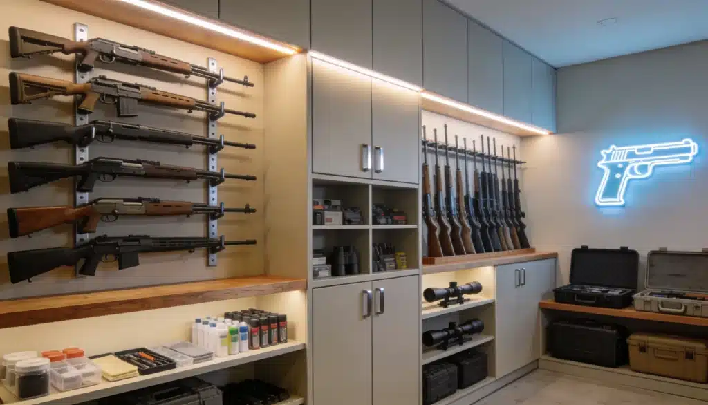 A gun room with rifles displayed on the wall, shelves of ammunition, equipment cases, and a glowing neon handgun sign