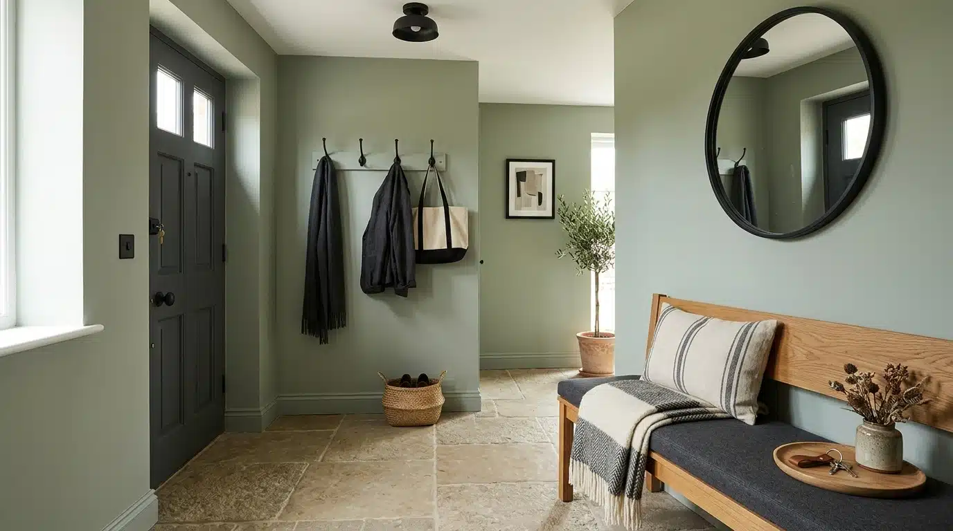 A hallway featuring a bench, coat rack, and mirror, creating a welcoming entryway atmosphere