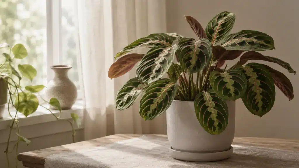 A healthy prayer plant (Maranta leuconeura) in a light gray pot sits on a wooden table near a sunlit window