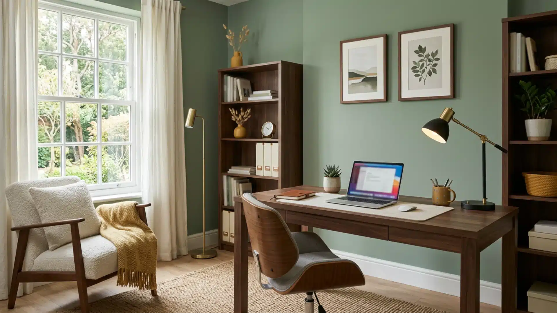 A home office featuring a dark wood desk and shelving against sage green walls, a laptop, a comfortable armchair, and a large window overlooking greenery