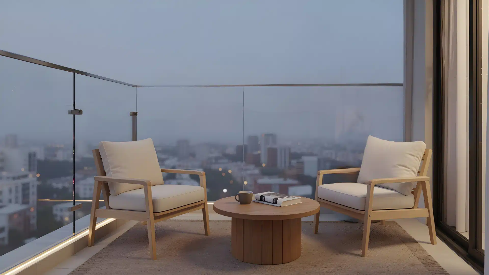 A modern balcony seating area with two wooden armchairs and a round table sits before a glass railing overlooking a hazy city skyline at dusk.