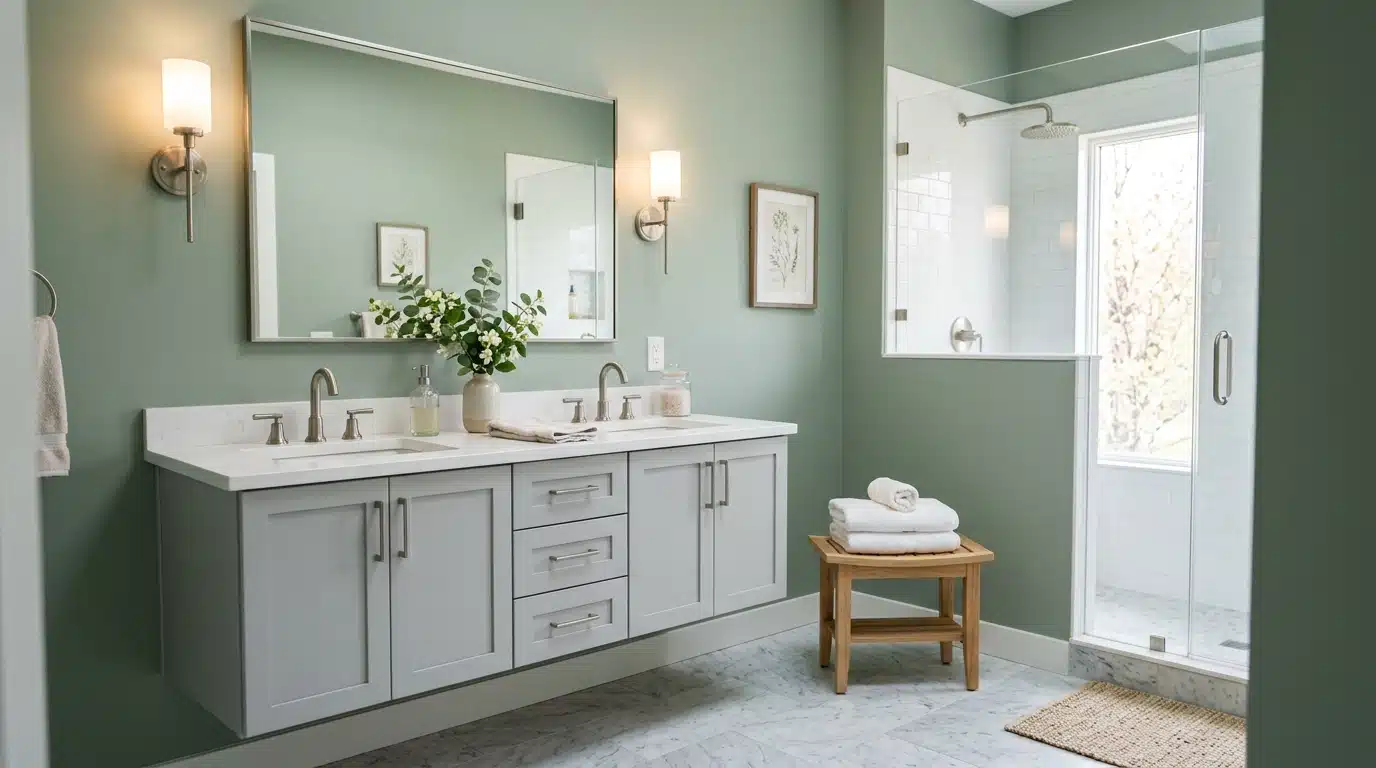 A modern bathroom features sage green walls, a light gray double vanity with a white countertop, a large mirror, and a glass-enclosed shower with white subway tile
