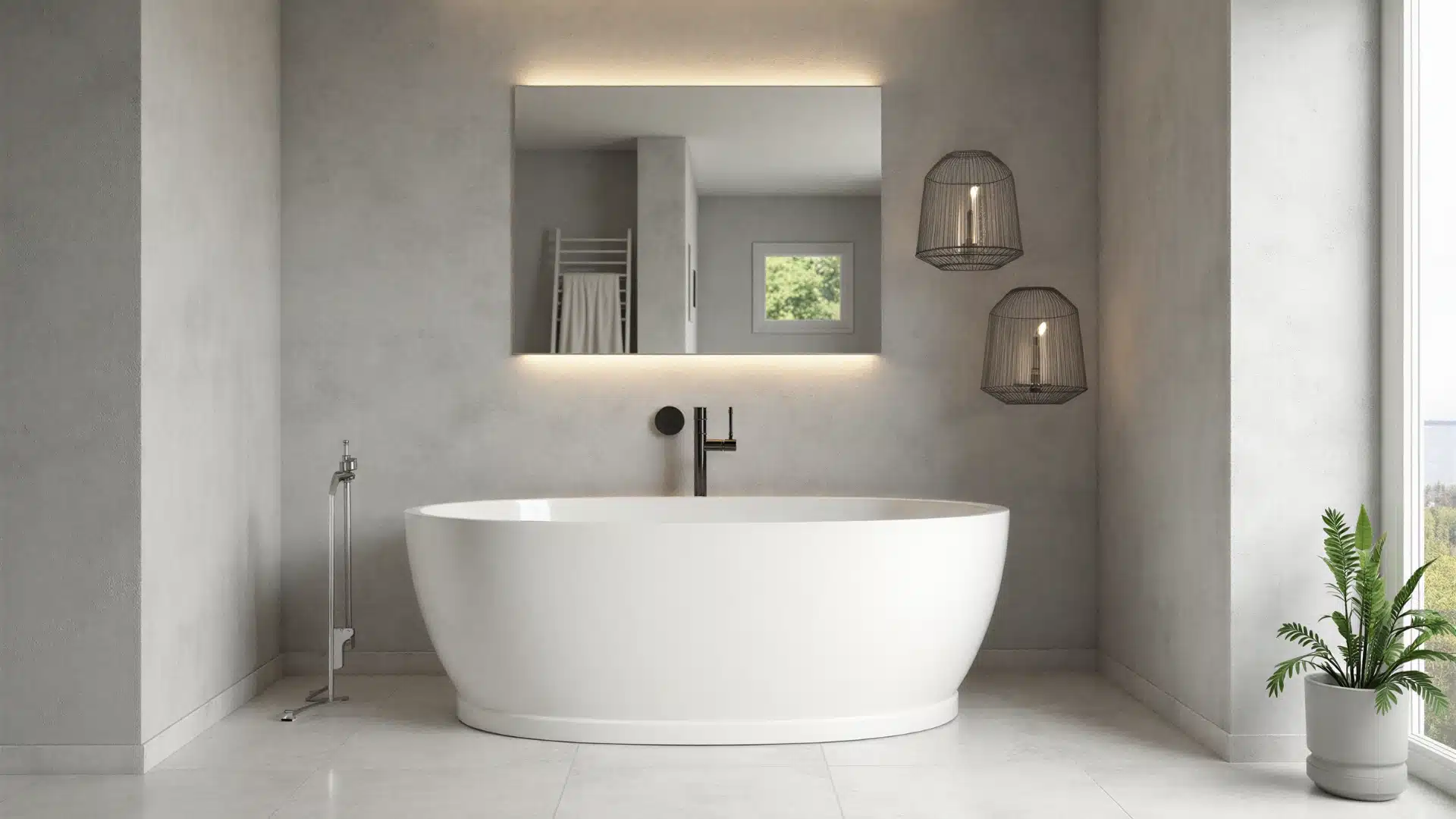 A modern bathroom featuring a spacious tub and a large window allowing natural light to enter the space