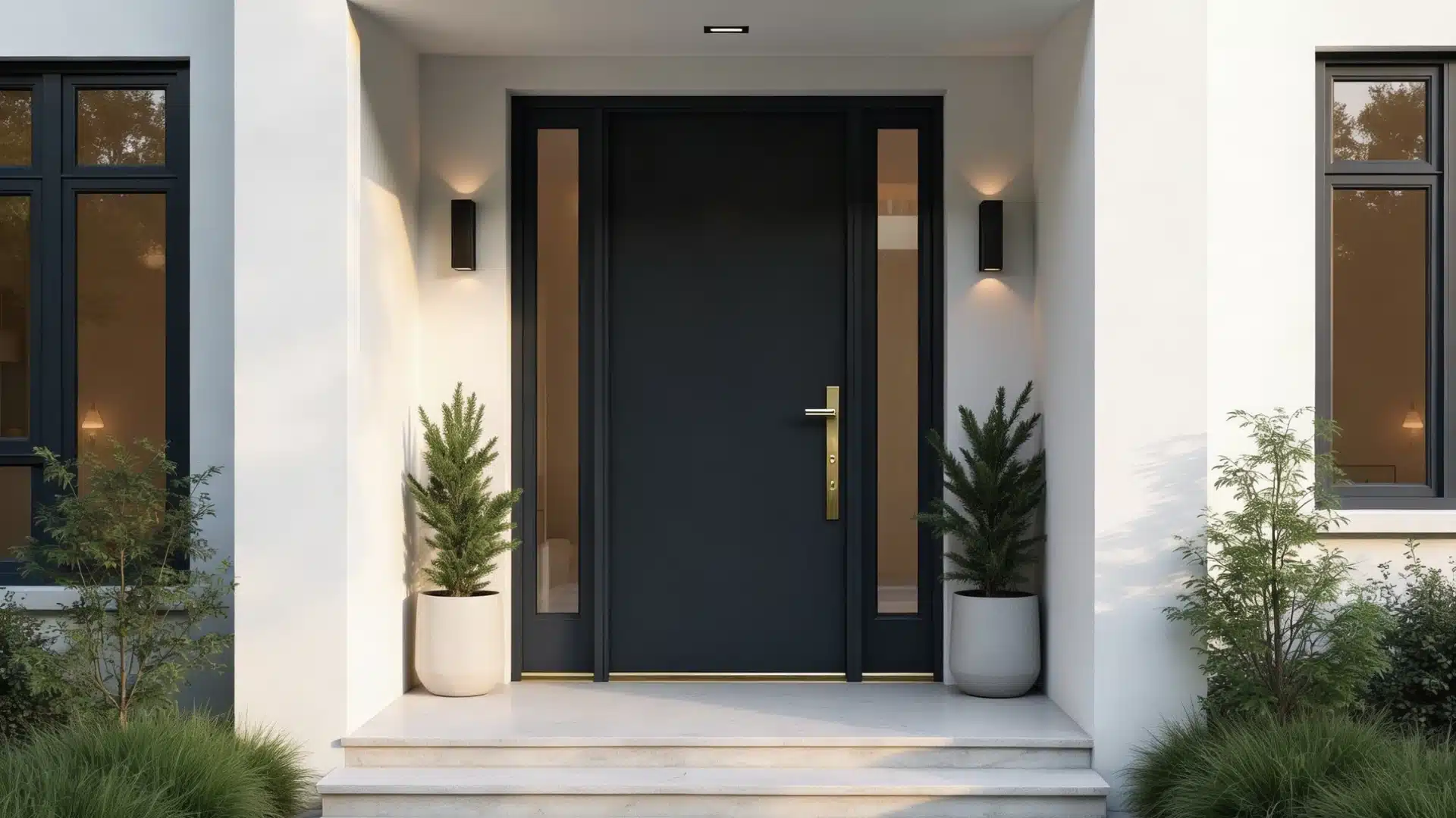 A modern black front door flanked by stylish planters, enhancing the home's contemporary entrance