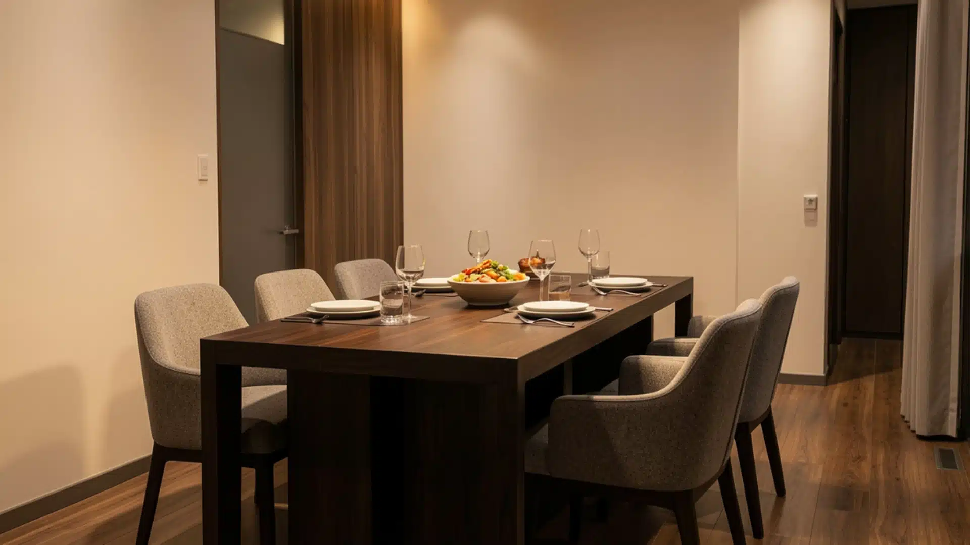 A modern dining room featuring a dark wood table set for six beneath a long, black linear pendant light.