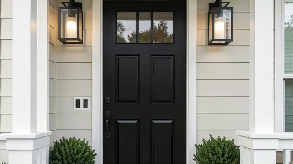 A modern entryway featuring a black four-panel door with transom window flanked by white trim, carriage lights, and light gray siding.