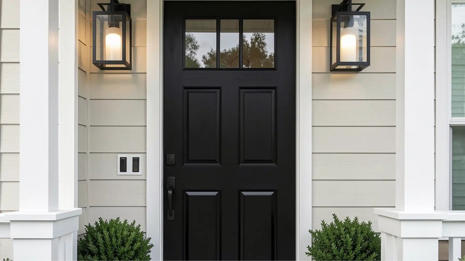 A modern entryway featuring a black four-panel door with transom window flanked by white trim, carriage lights, and light gray siding.