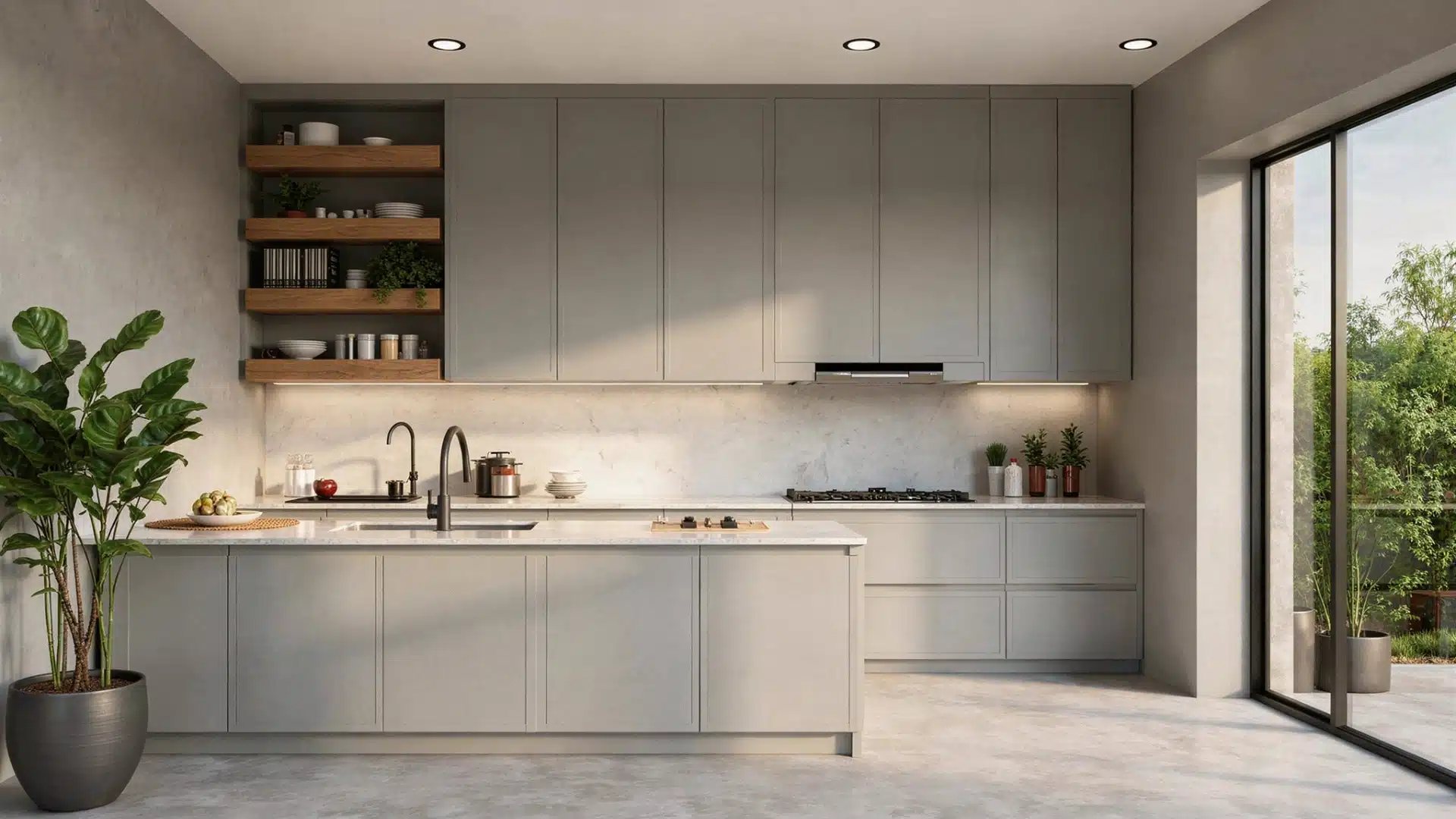 A modern kitchen featuring a large window and a vibrant potted plant on the countertop, enhancing the bright atmosphere (3)