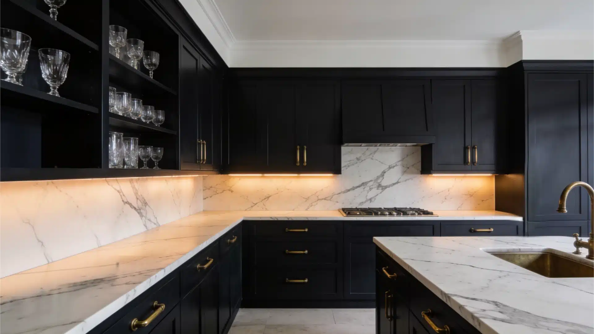 A modern kitchen featuring sleek black cabinets and elegant marble countertops