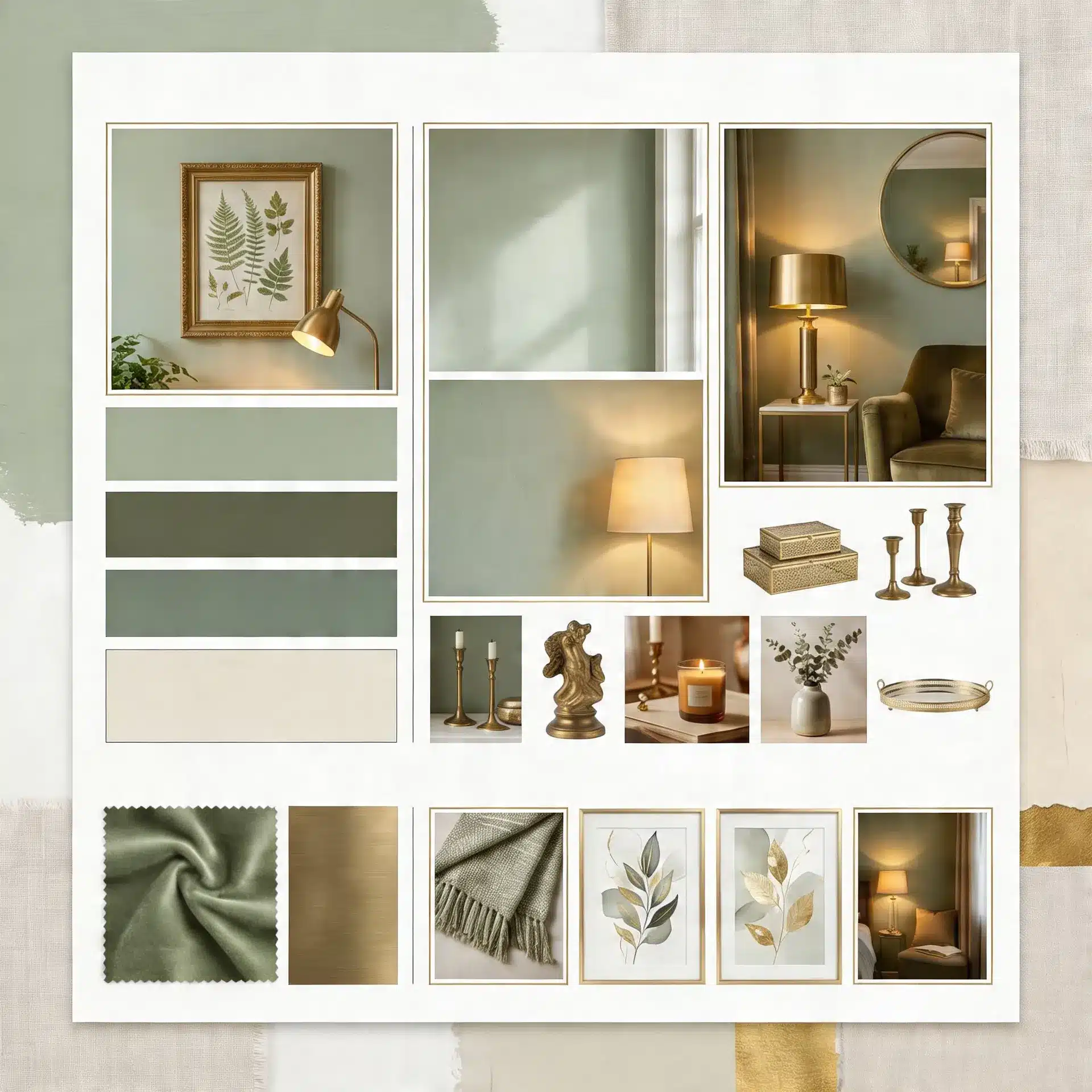 A mood board featuring various shades of muted sage green and gold, showcasing home decor elements like framed botanical art, lamps, textiles, and color swatches