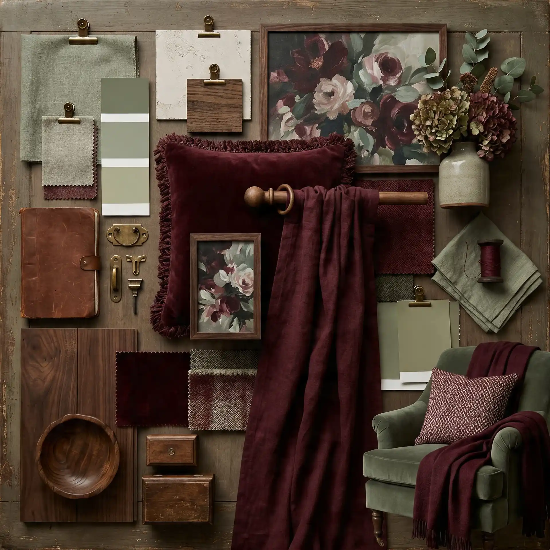 A moody interior design mood board featuring rich burgundy textiles, olive green upholstery, dark wood accents, and floral artwork displayed on a rustic wooden background