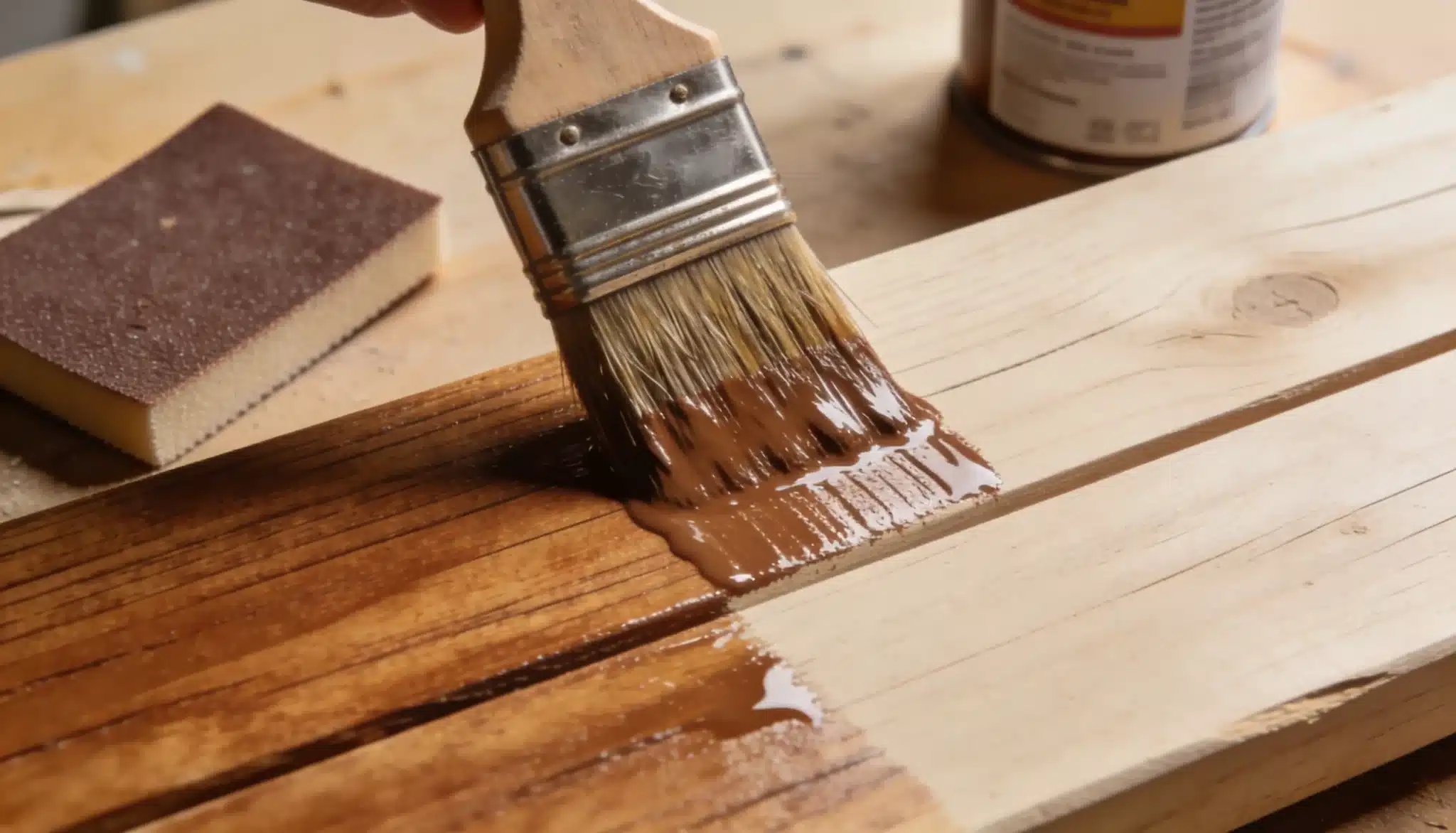 A paintbrush applies rich brown wood stain to light colored lumber next to a sanding block and a can of finish.