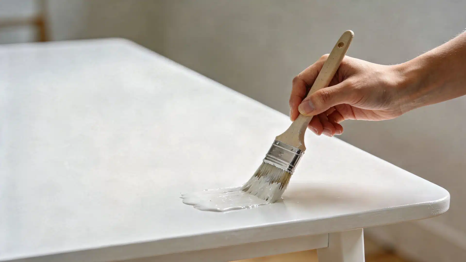 A person painting a white table with a paintbrush, focused on adding color to the surface.