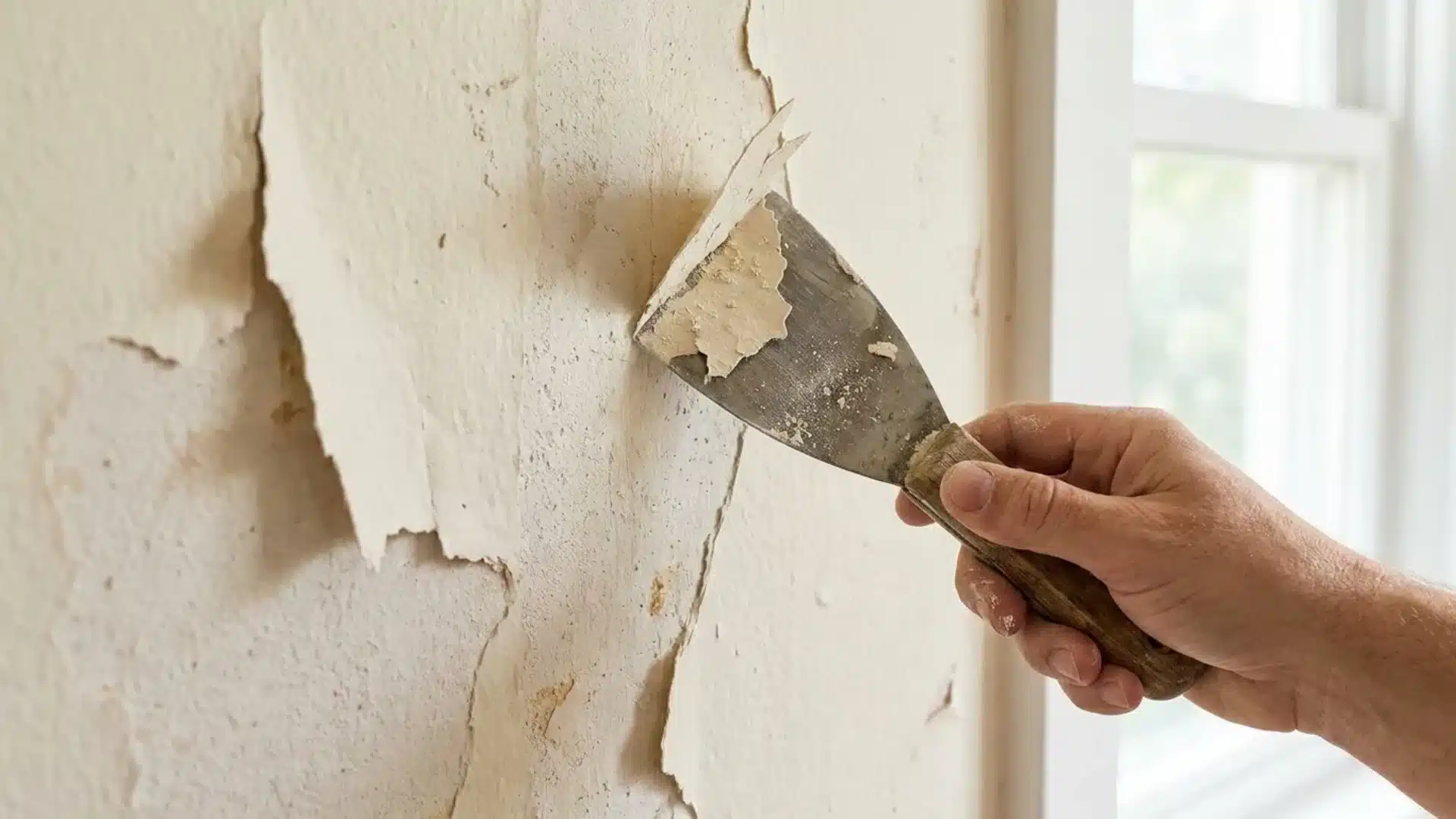A person scrapes chipped paint off a wall using a knife, focusing on removing the damaged areas
