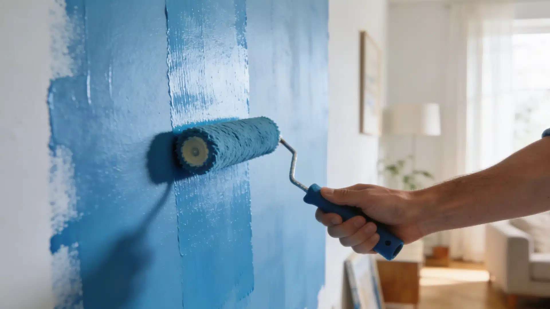 A person's hand applies bright blue paint to a white wall using a paint roller in a brightly lit room.