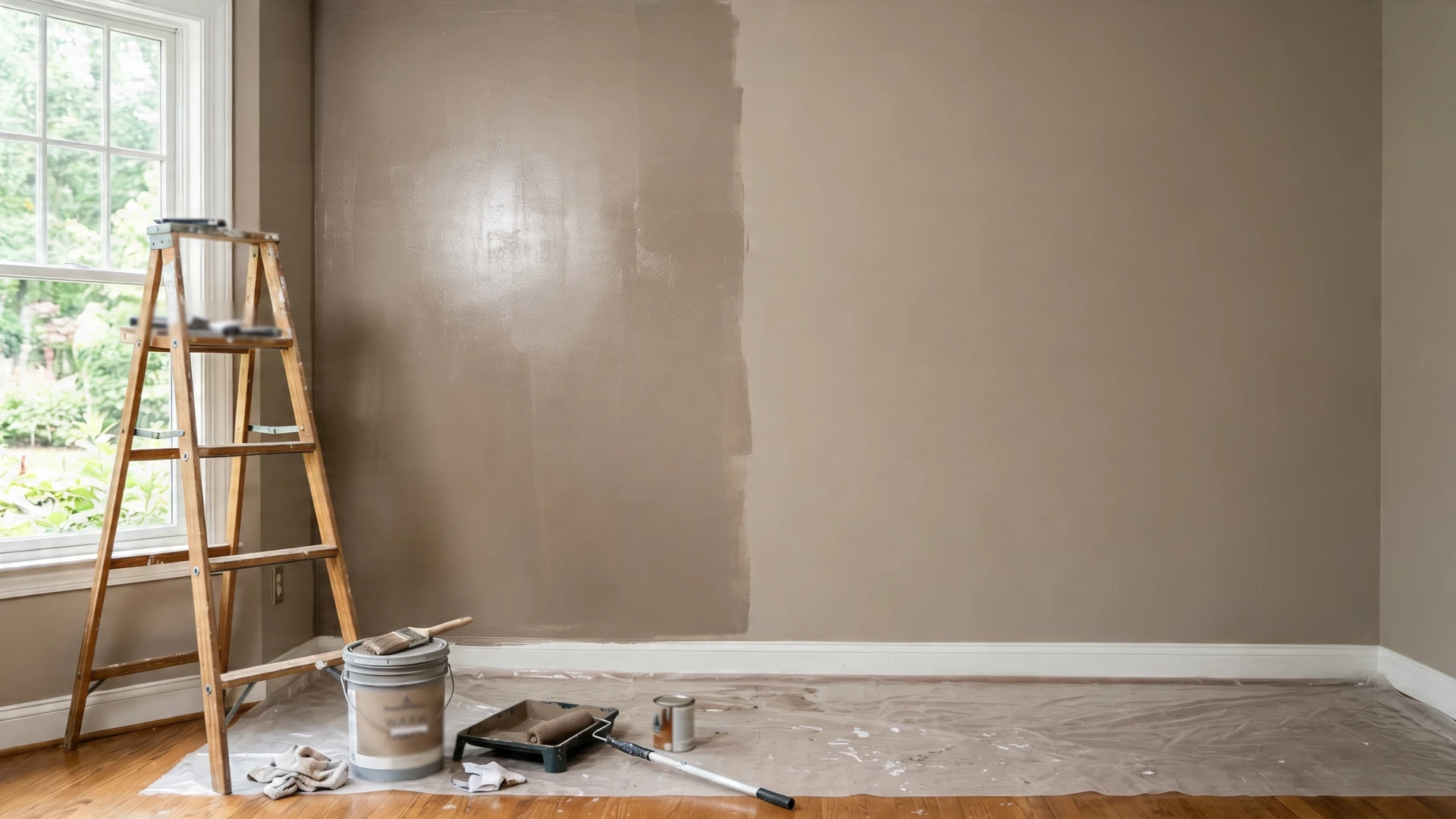 A room featuring a ladder and partially painted walls, indicating an ongoing painting project
