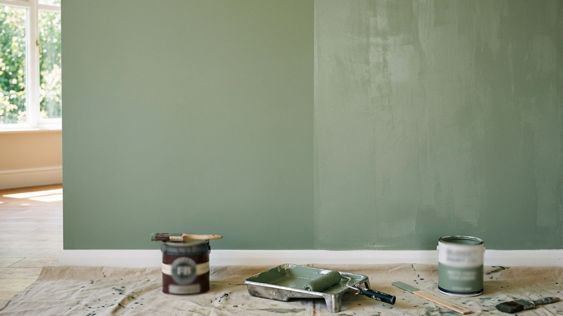 A room featuring paint cans scattered on the floor, with various colors of paint visible